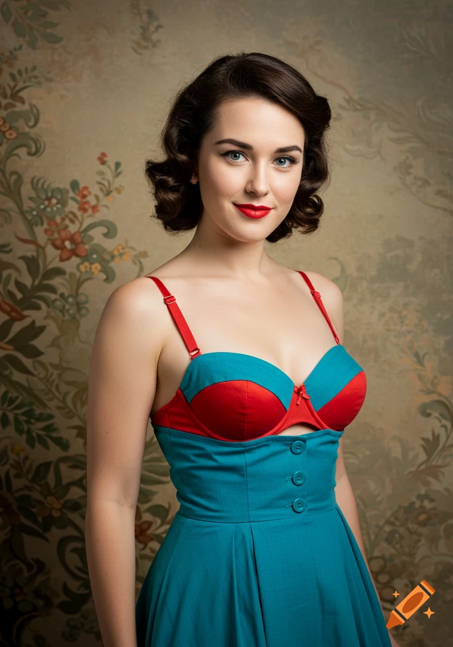 Portrait photo of a woman in a vintage dress and bullet bra