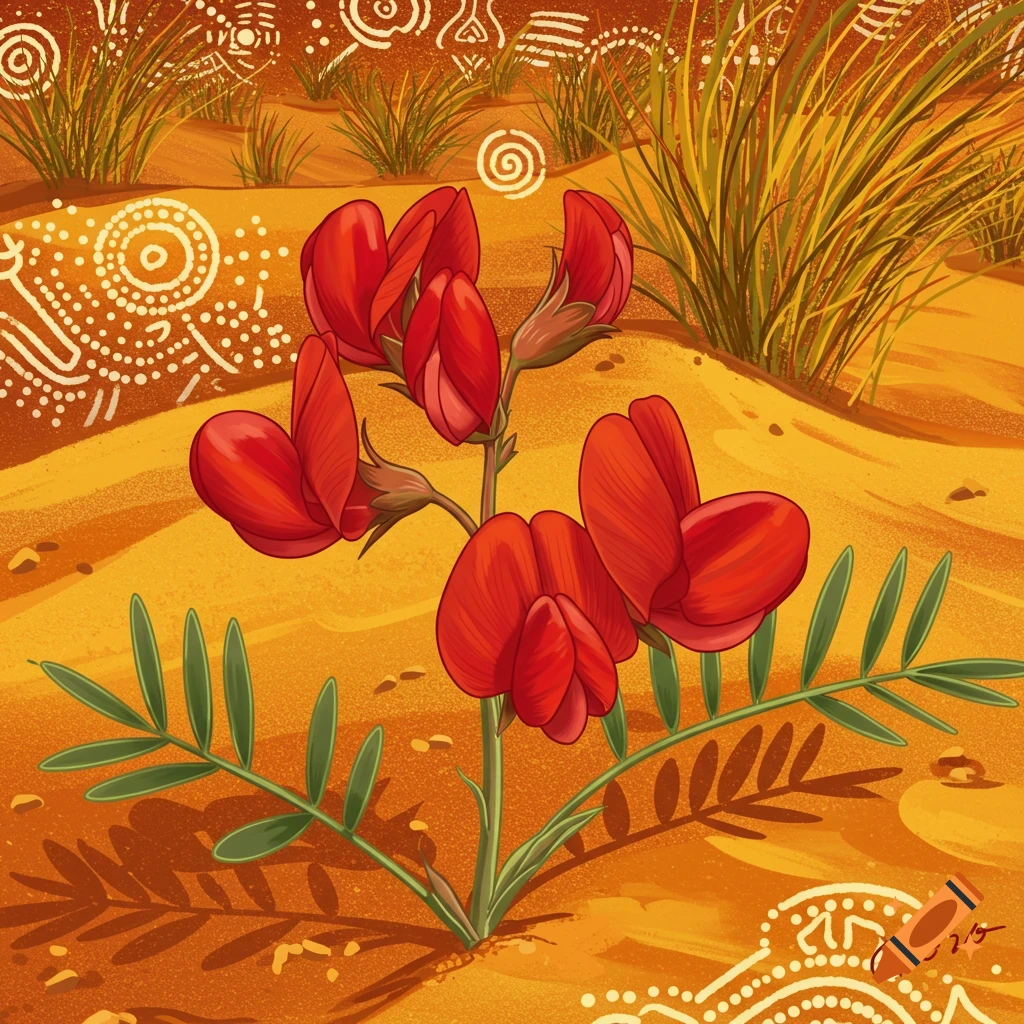 A red desert flower (Sturt's Desert Pea) in a sandy landscape with stylized aboriginal art patterns.