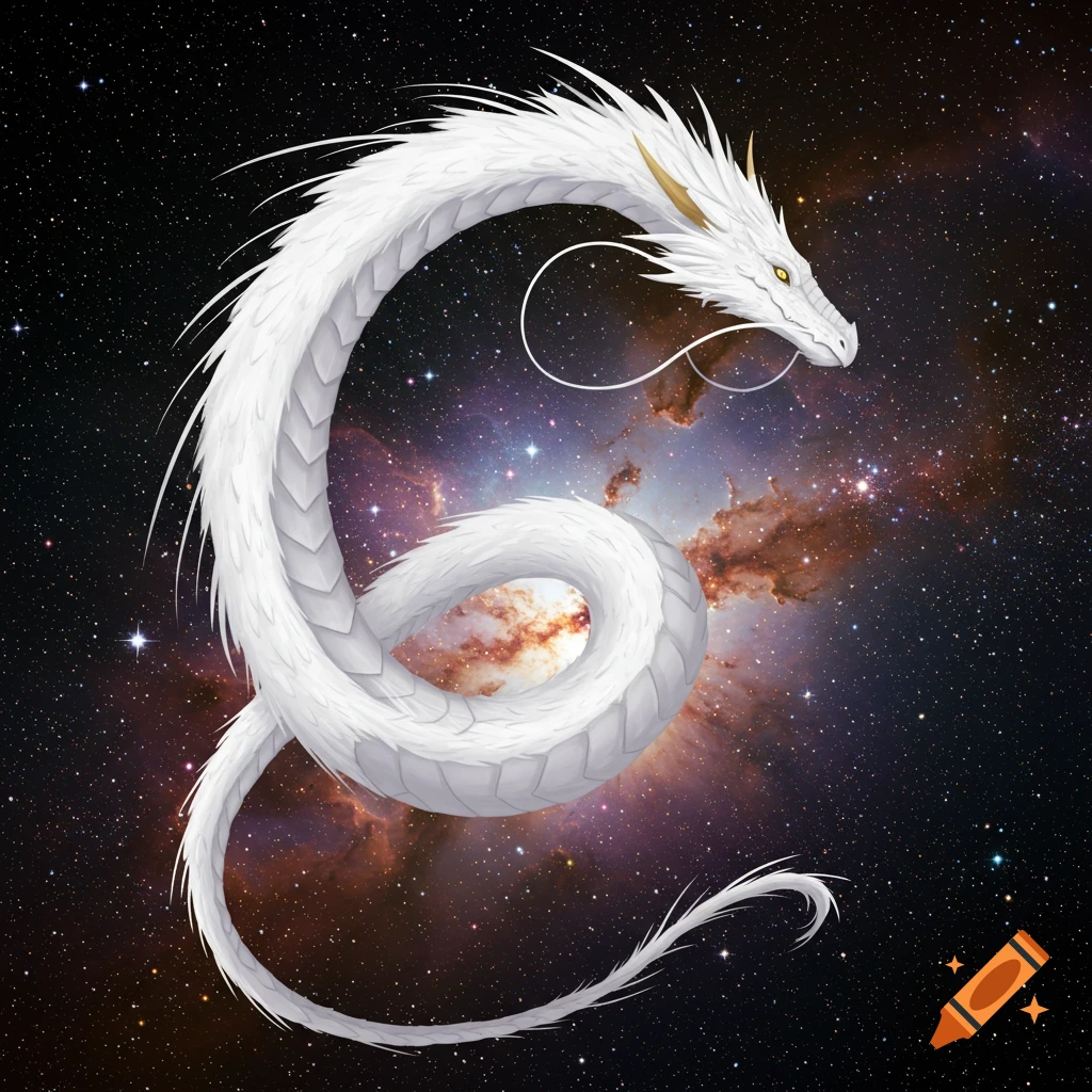 A white dragon with a long neck floats among stars and nebulae in space.