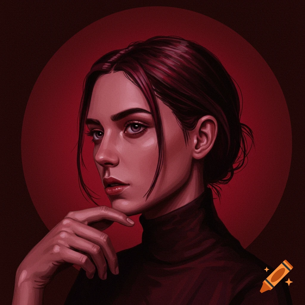 Portrait of a woman with a hand near her chin against a dark red background.