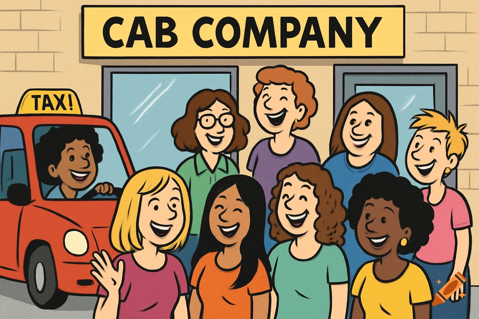 Comical illustration of a taxi driver and group of smiling women standing in front of a building with a 'CAB COMPANY' sign.