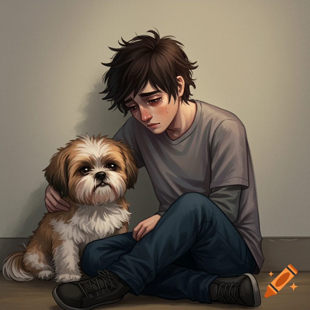 A sad young man sits on the floor with a Shih Tzu.