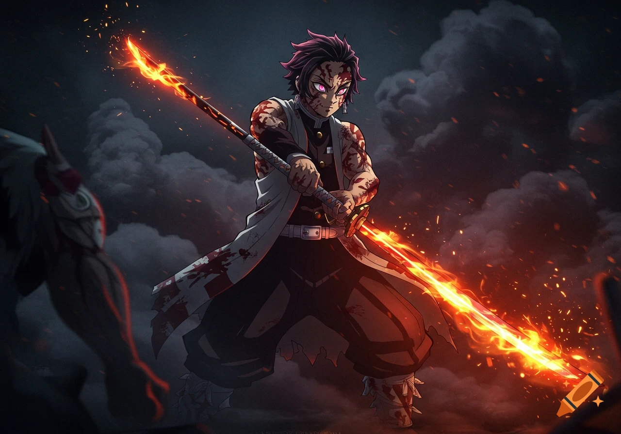 Anime character with blood markings holding a flaming sword in battle
