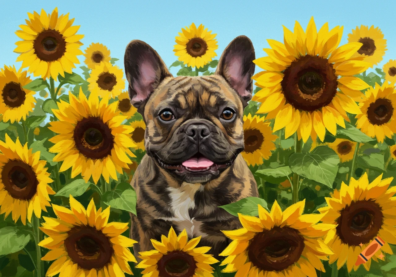 A French bulldog sitting among bright sunflowers.