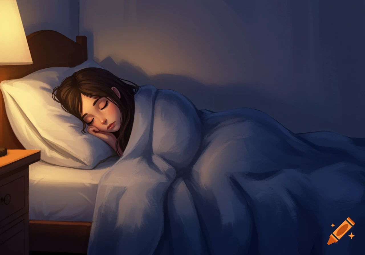 A girl is sleeping in bed, covered by a blue blanket, lit by a lamp.