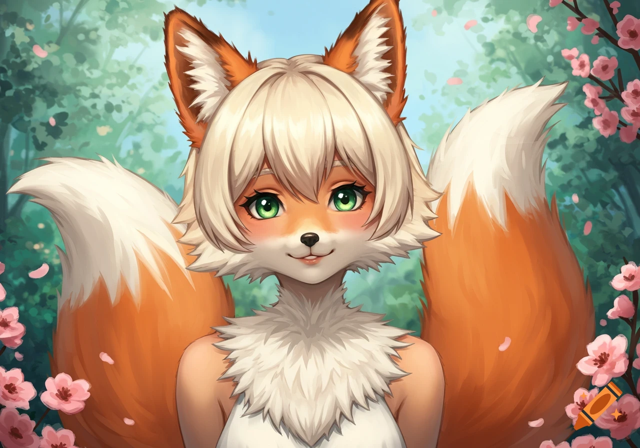 Anime portrait of a cute anthropomorphic fox woman with blonde hair and green eyes, surrounded by cherry blossoms.