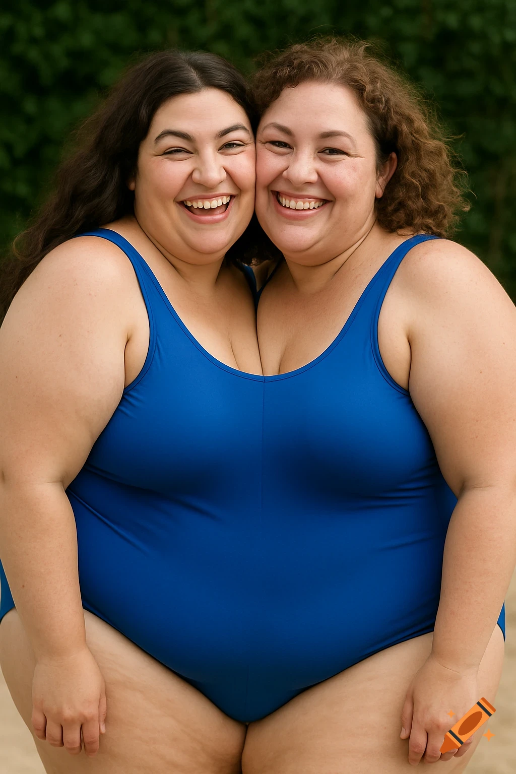 Two smiling women sharing a blue swimsuit, creating a merged illusion.