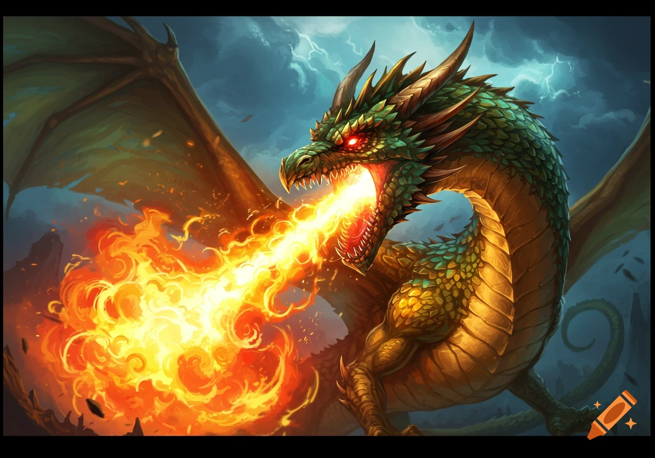 A green fantasy dragon breathes a stream of fire, digitally painted.