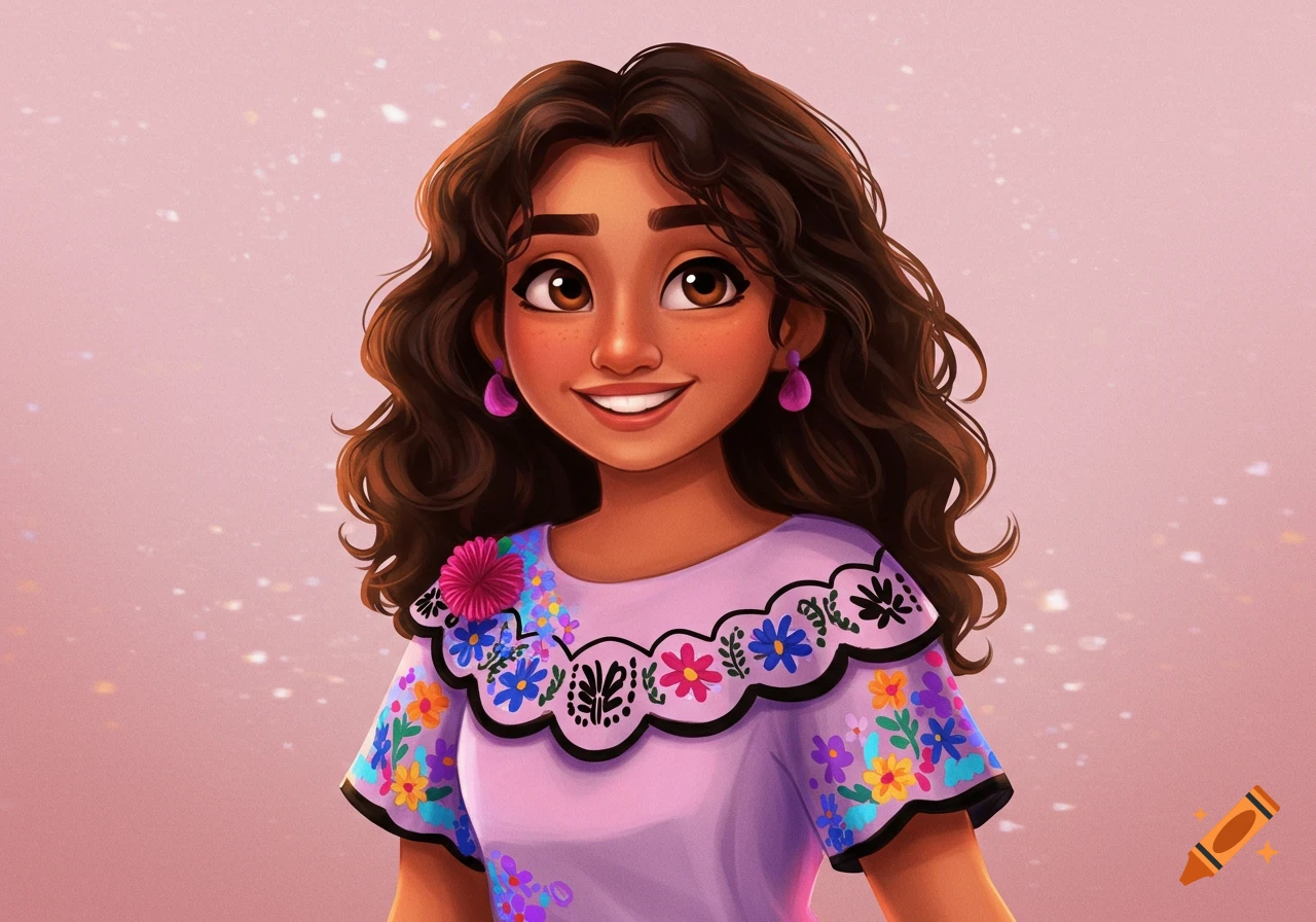 A smiling young woman with curly hair and freckles wearing a purple embroidered shirt.