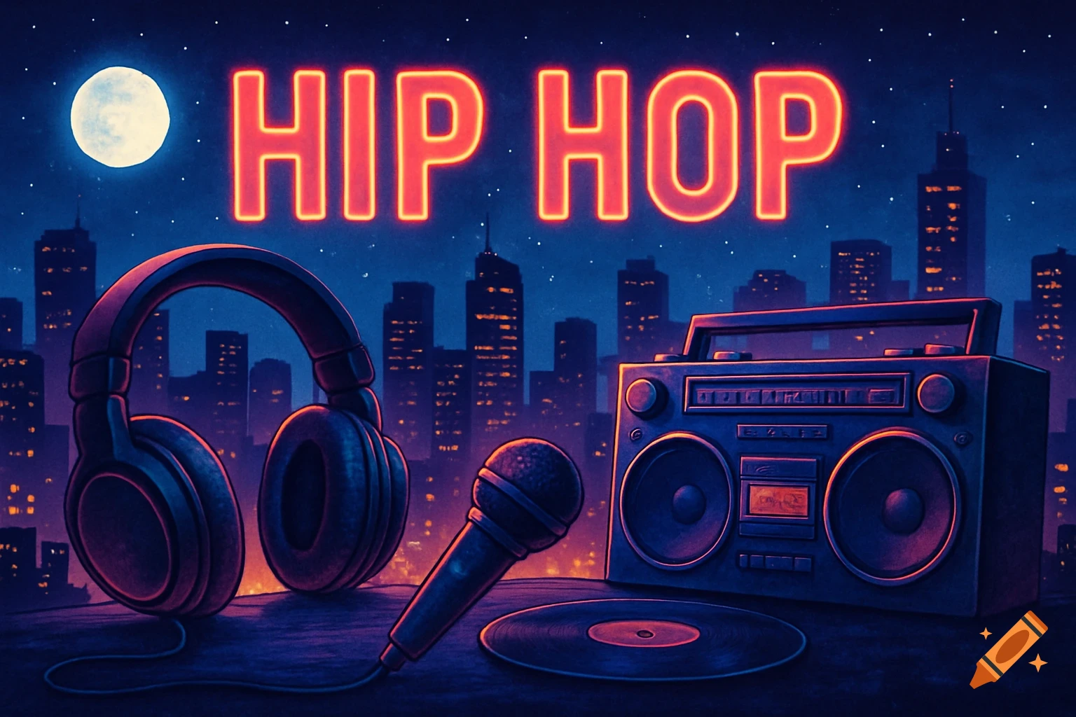 Headphones, microphone, record, and boombox with neon HIP HOP text over a nighttime cityscape.