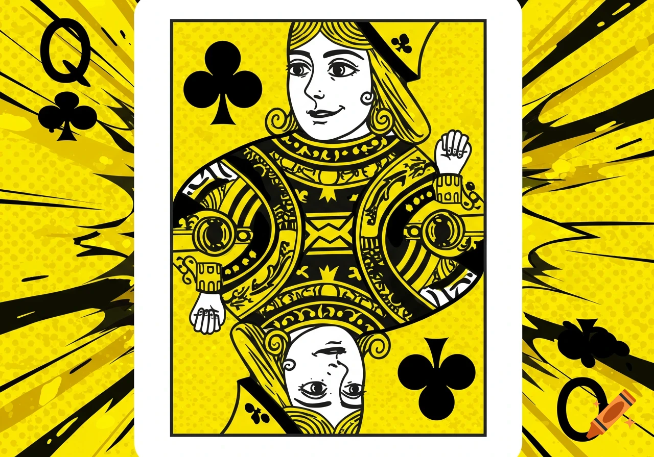 Pop art graphic of a Queen of Clubs playing card in yellow and black