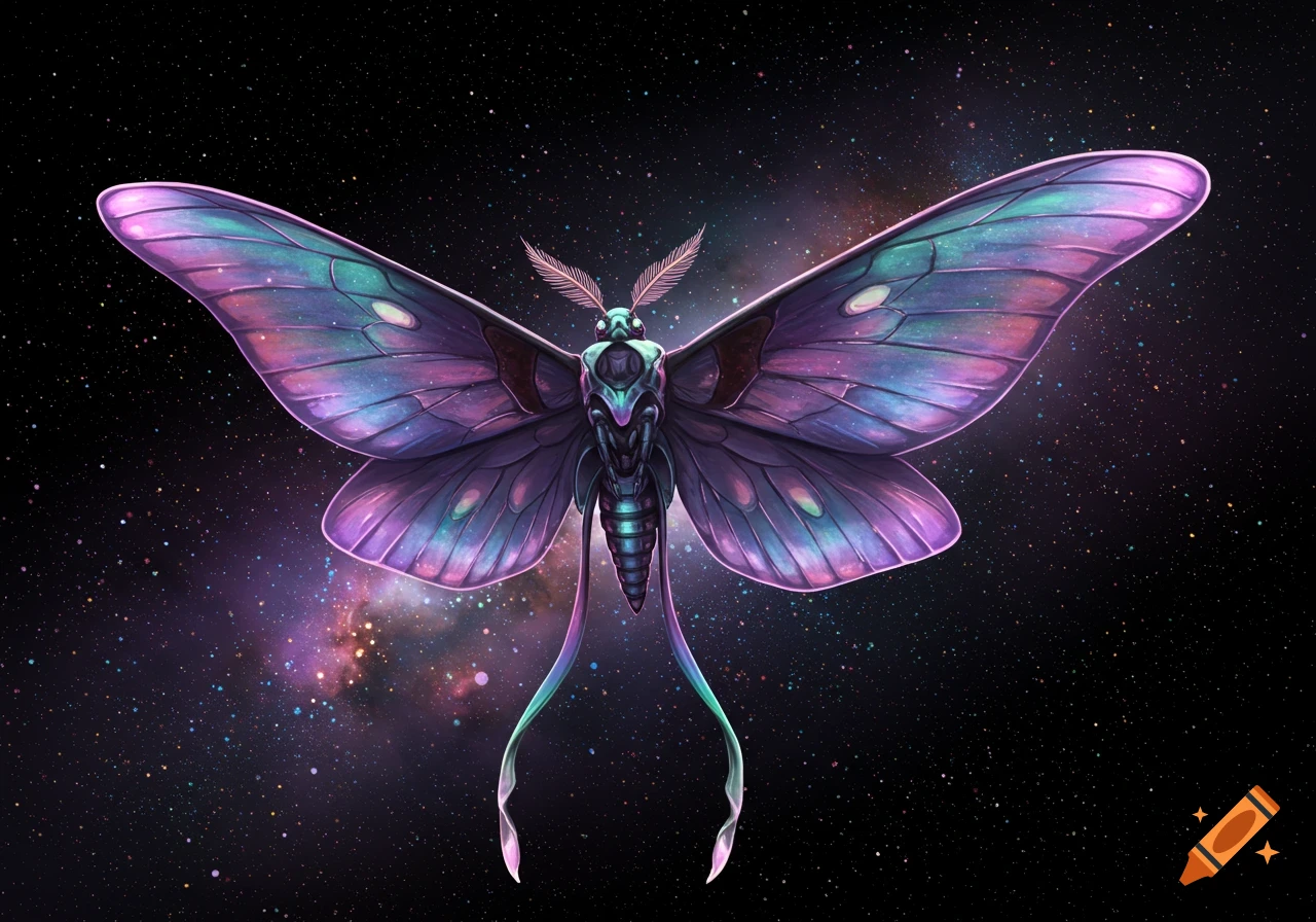 A vibrant, iridescent space moth flying against a starry background.