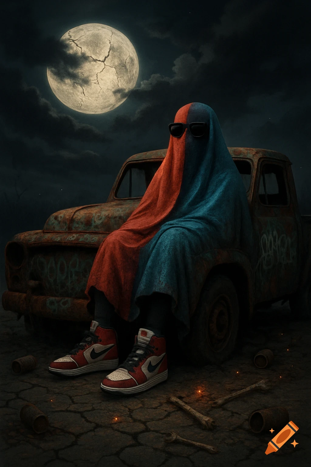 A ghost in a red and blue sheet and sunglasses sits on a rusty truck under a cracked moon.