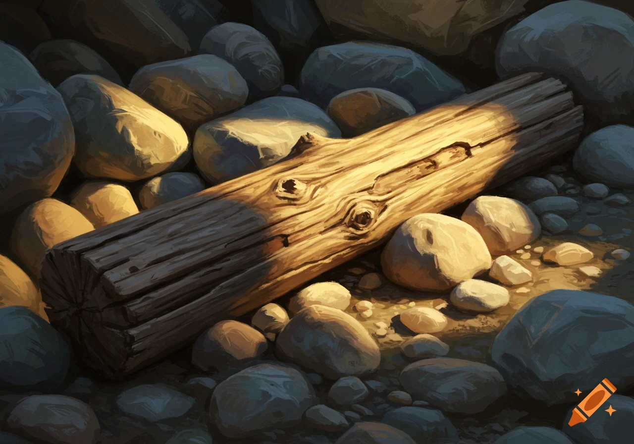 A log lies on rocks in sunlight