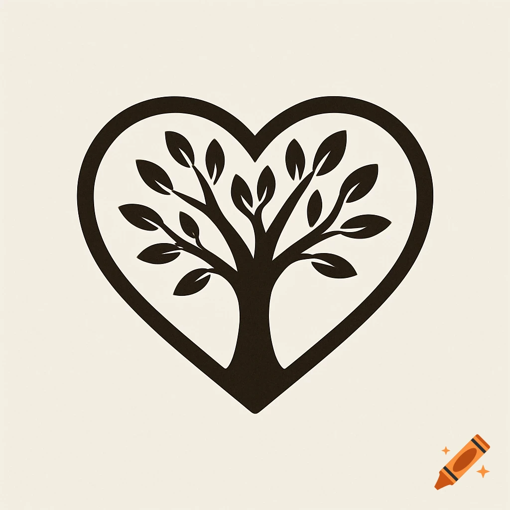 A black silhouette logo of a tree inside a heart shape.