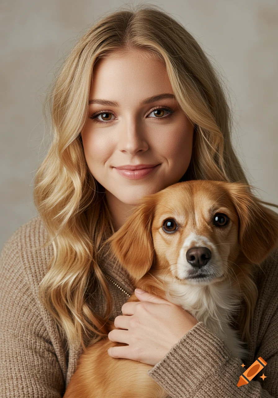 A close-up portrait of a smiling woman holding a small dog.
