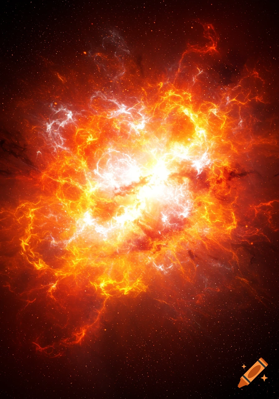 Abstract image of a bright orange and yellow cosmic explosion or nebula against a dark starry background.