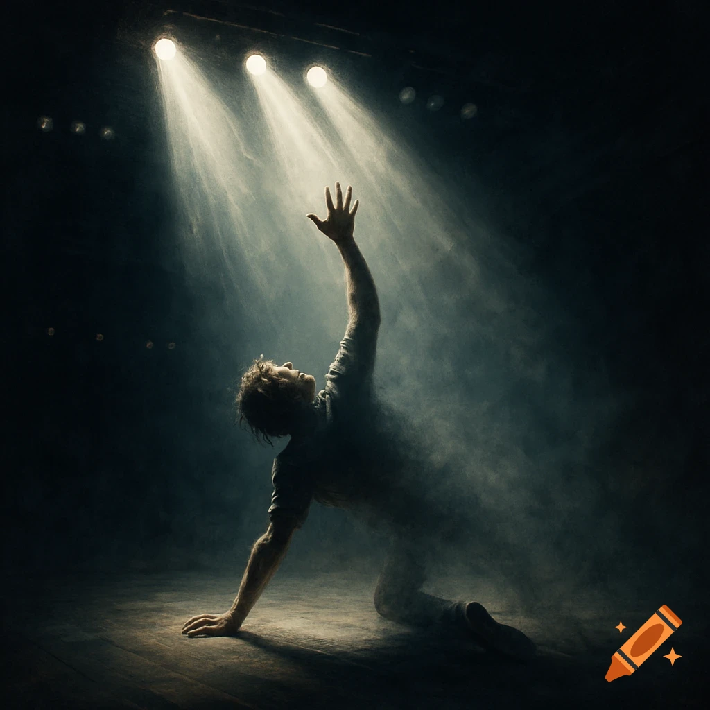 A person on a stage is reaching into spotlights while fading away.