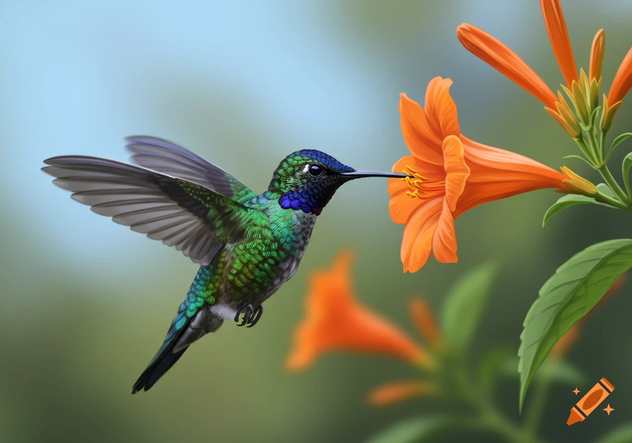 A green and blue hummingbird feeds from an orange flower.