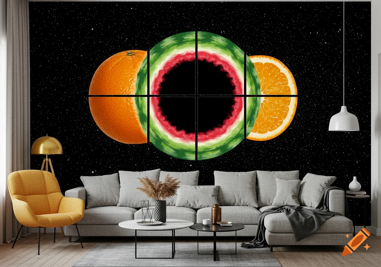 Mural on a living room wall showing an orange and watermelon in space.