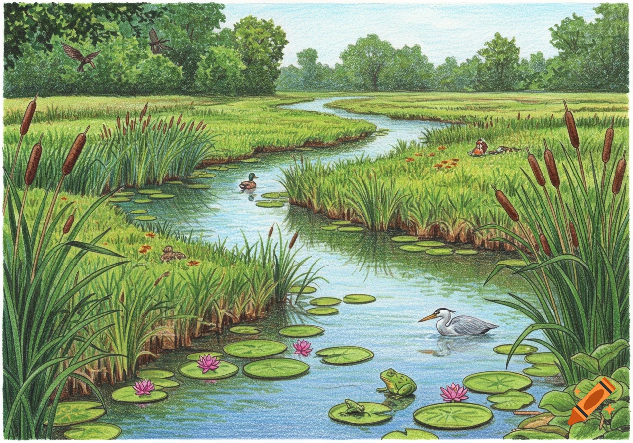 Pencil drawing of a wetlands river scene with ducks, frogs, heron, lily pads, and cattails.