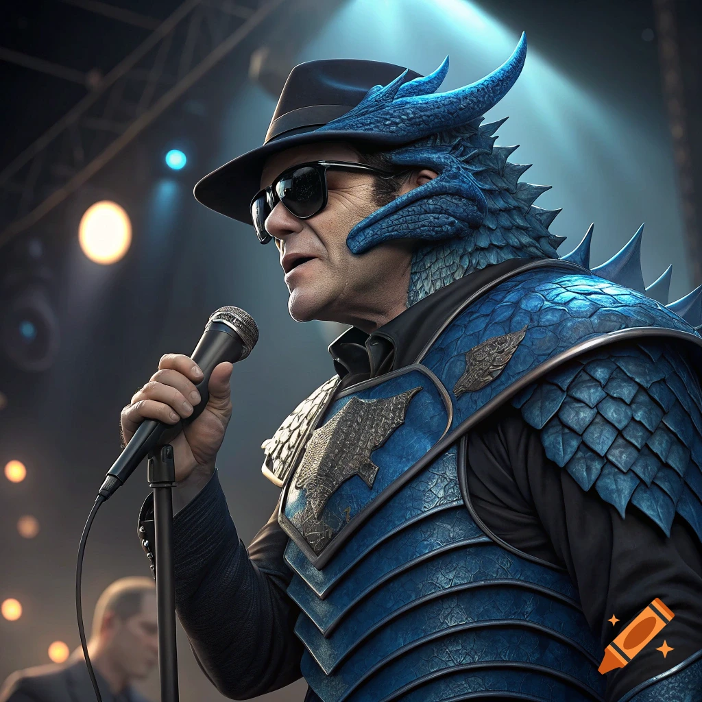 Man in blue dragon armor, fedora, and sunglasses singing into a microphone on stage.