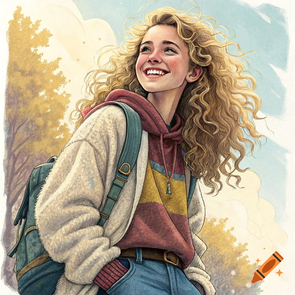 Illustration of a young woman with curly blonde hair smiling, wearing a backpack and sweater outdoors.