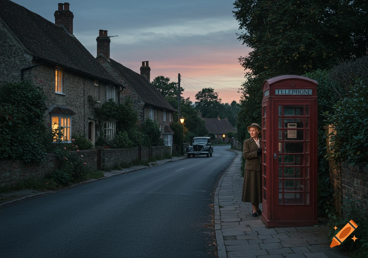A woman stands by a red telephone box in an English village at twilight, in a painting style.