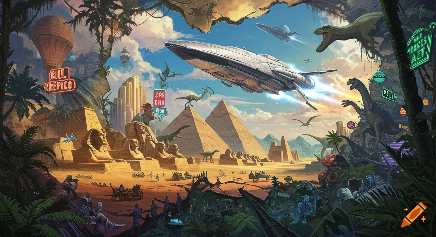 Spaceship flies over a landscape blending ancient Egypt, dinosaurs, and futuristic city elements.