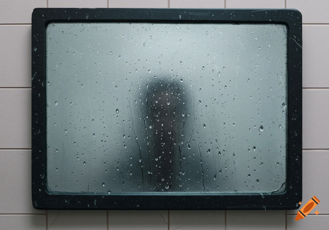 A foggy mirror covered in water droplets reflects a blurry figure.