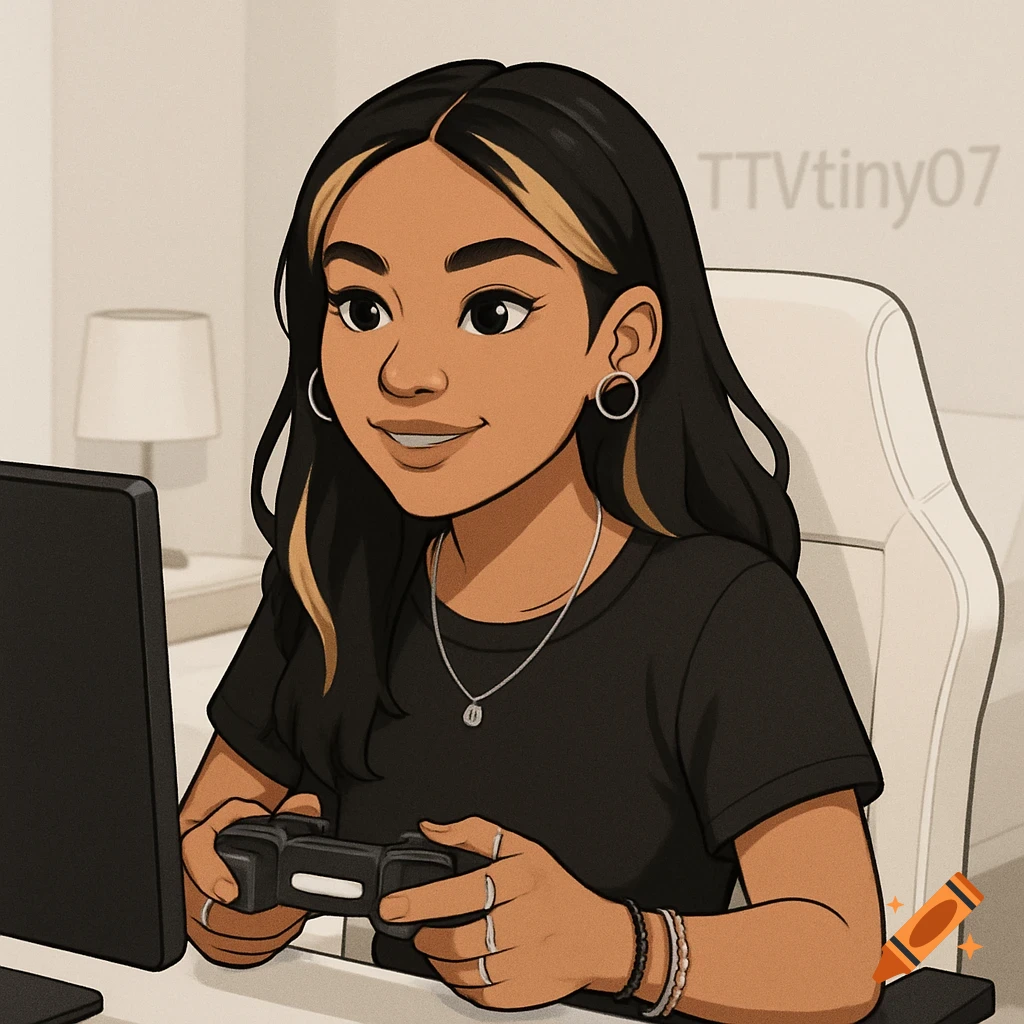 Animated girl with highlights playing video games at a computer
