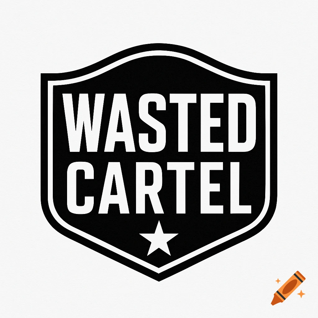 Black and white shield logo with the text 'WASTED CARTEL' and a star.