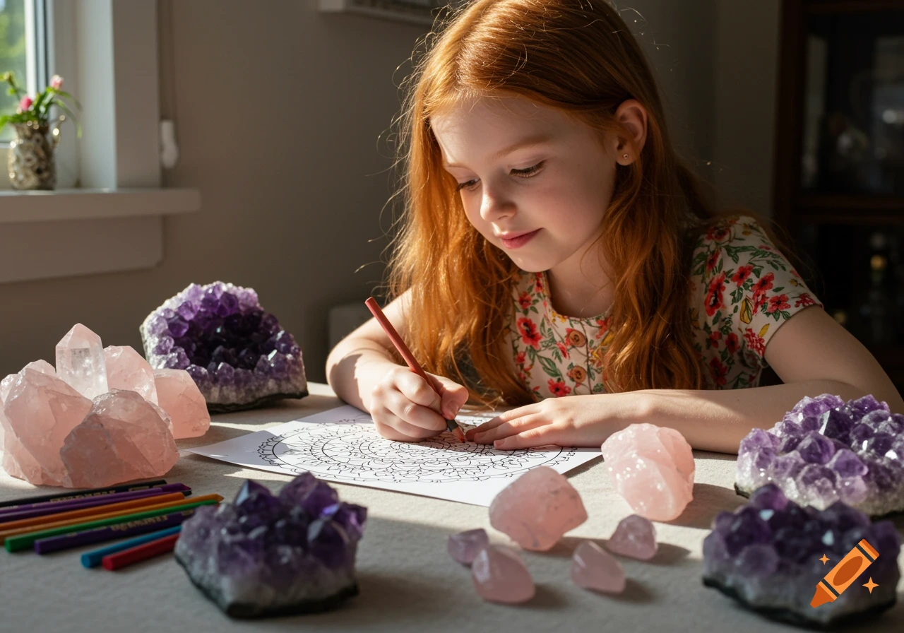 A girl colors a mandala surrounded by rose quartz and amethyst crystals.
