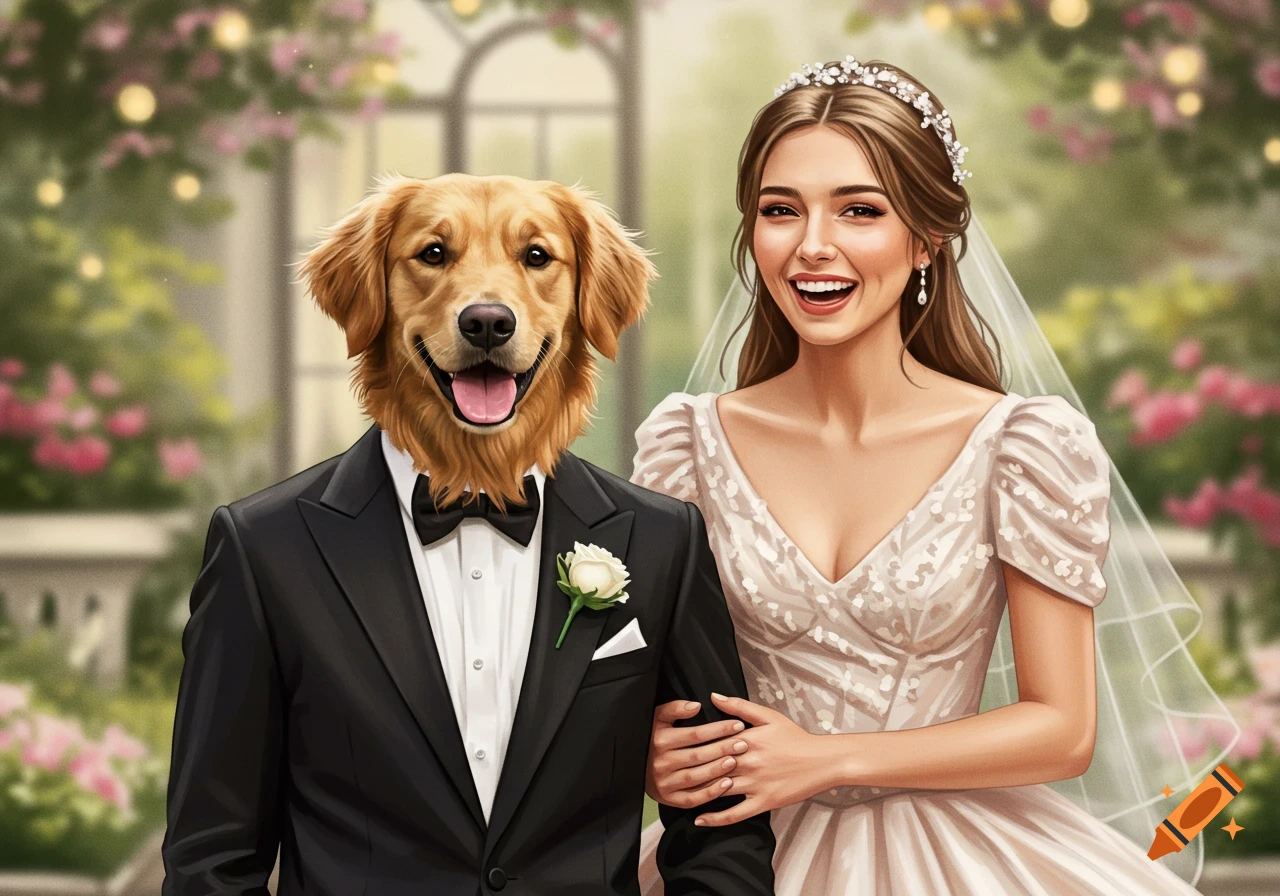 A dog in a tuxedo and a woman in a wedding dress posing together like they are getting married.