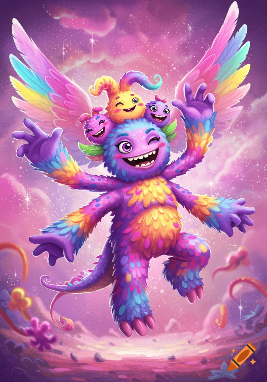 A colorful monster with rainbow wings and multiple heads waves in a pink magical sky.