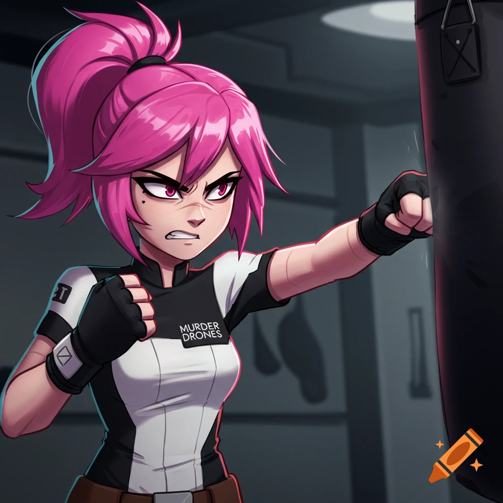 Pink-haired anime character punches a heavy bag in a gym.