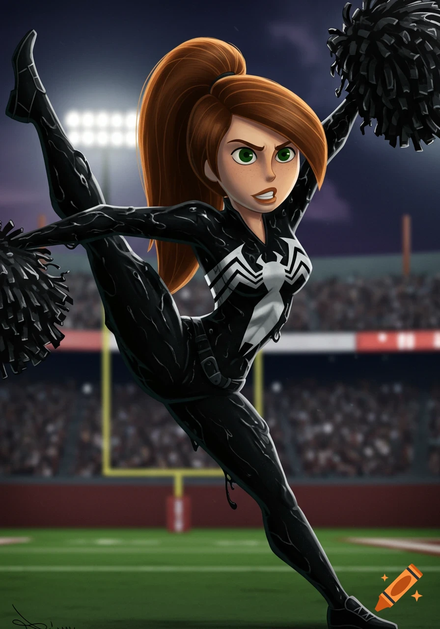 A cartoon character with red hair in a Venom suit is cheerleading in a stadium.