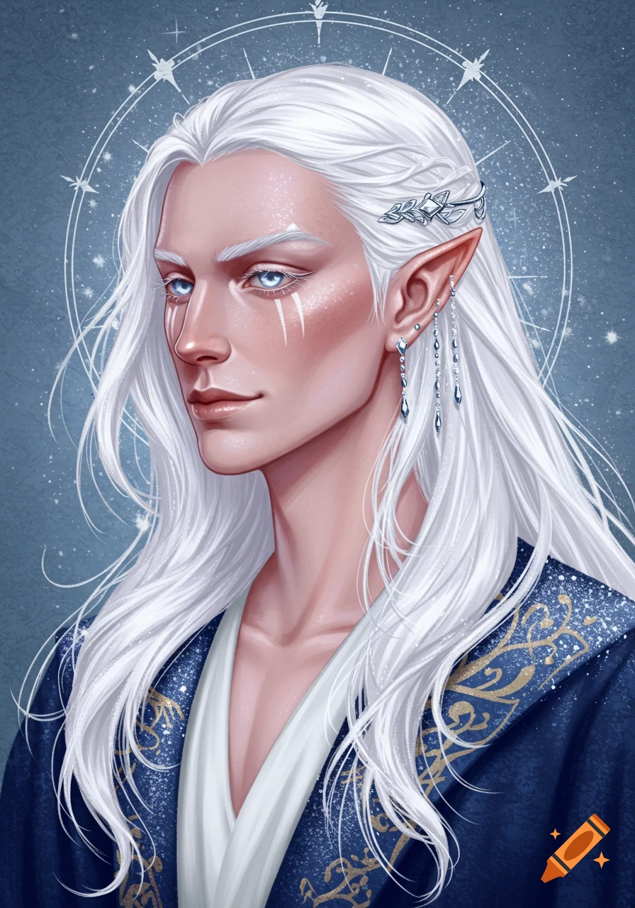 A male elf with white hair, blue eyes, and pointed ears wearing a blue and gold robe.