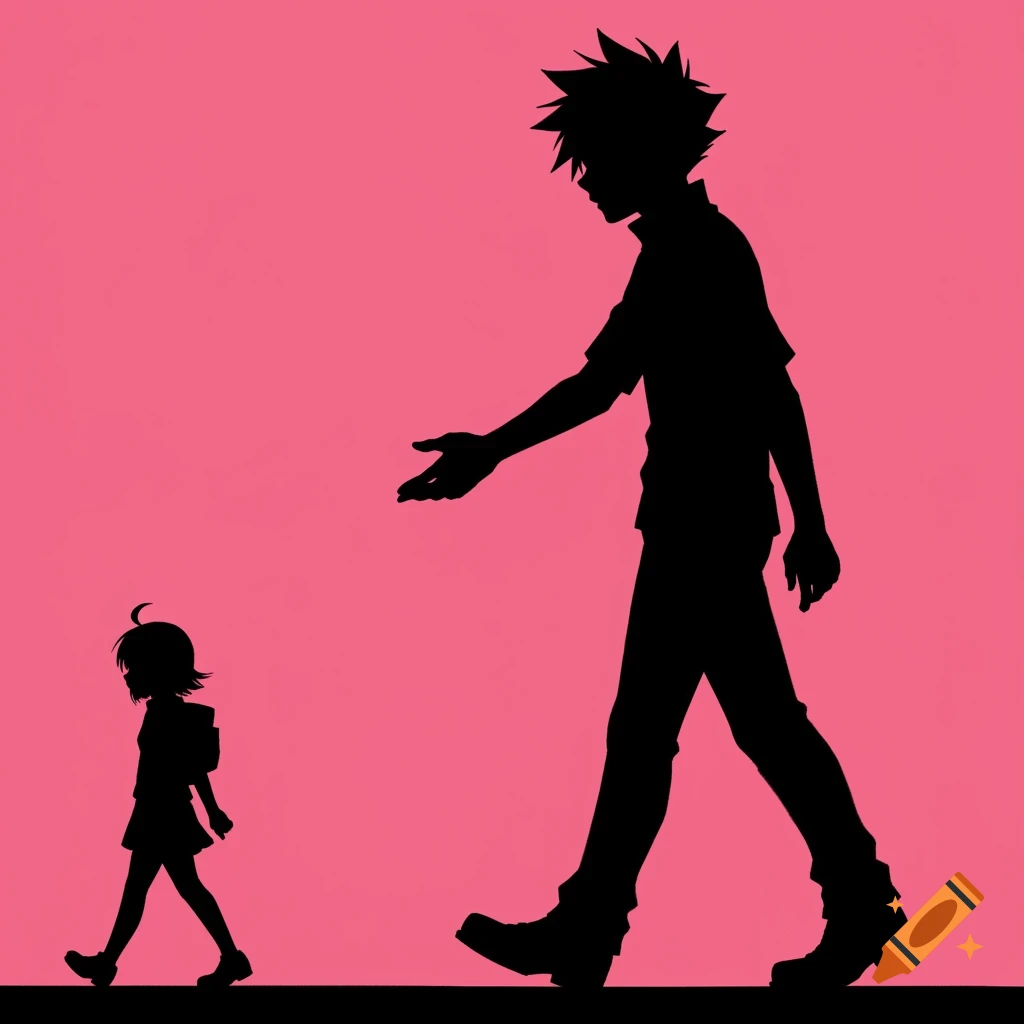 Silhouette of a tall man reaching towards a small woman walking away against a pink background.