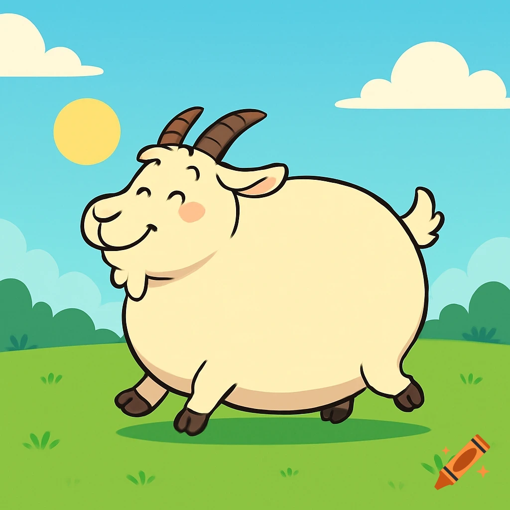 A cheerful cartoon goat walks in a field under a sunny sky.