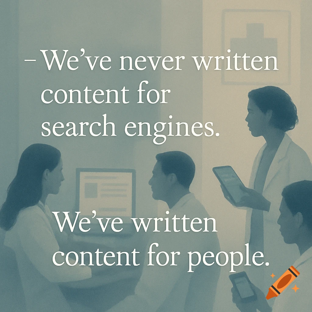 Graphic with text overlay 'We’ve never written content for search engines. We’ve written content for people.' over background of people in professional setting.