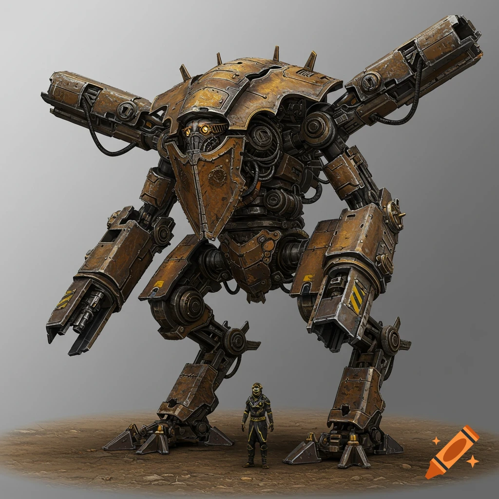 A massive, rusty mech stands over a small human figure in a desolate landscape.