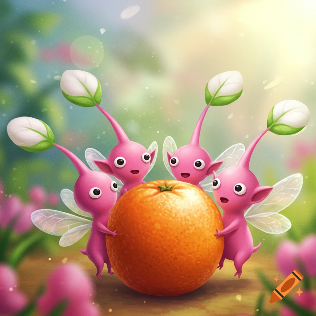 Four pink winged Pikmin-like creatures hold a large orange in a whimsical garden.