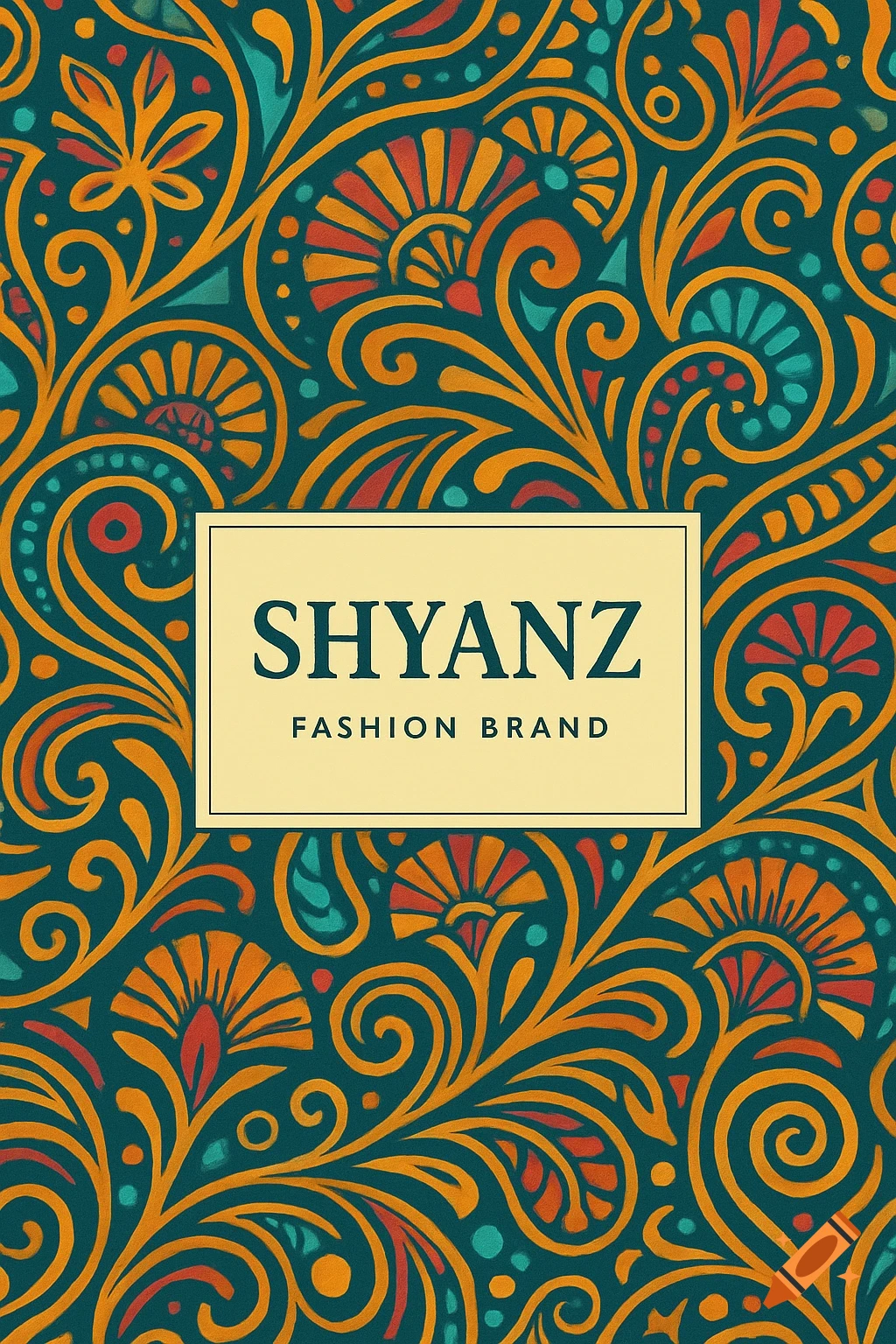 Colourful ornate pattern with the text SHYANZ FASHION BRAND in a central rectangle.