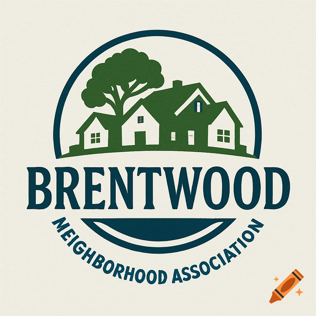 Logo for Brentwood Neighborhood Association with houses, tree, and text inside a circle.