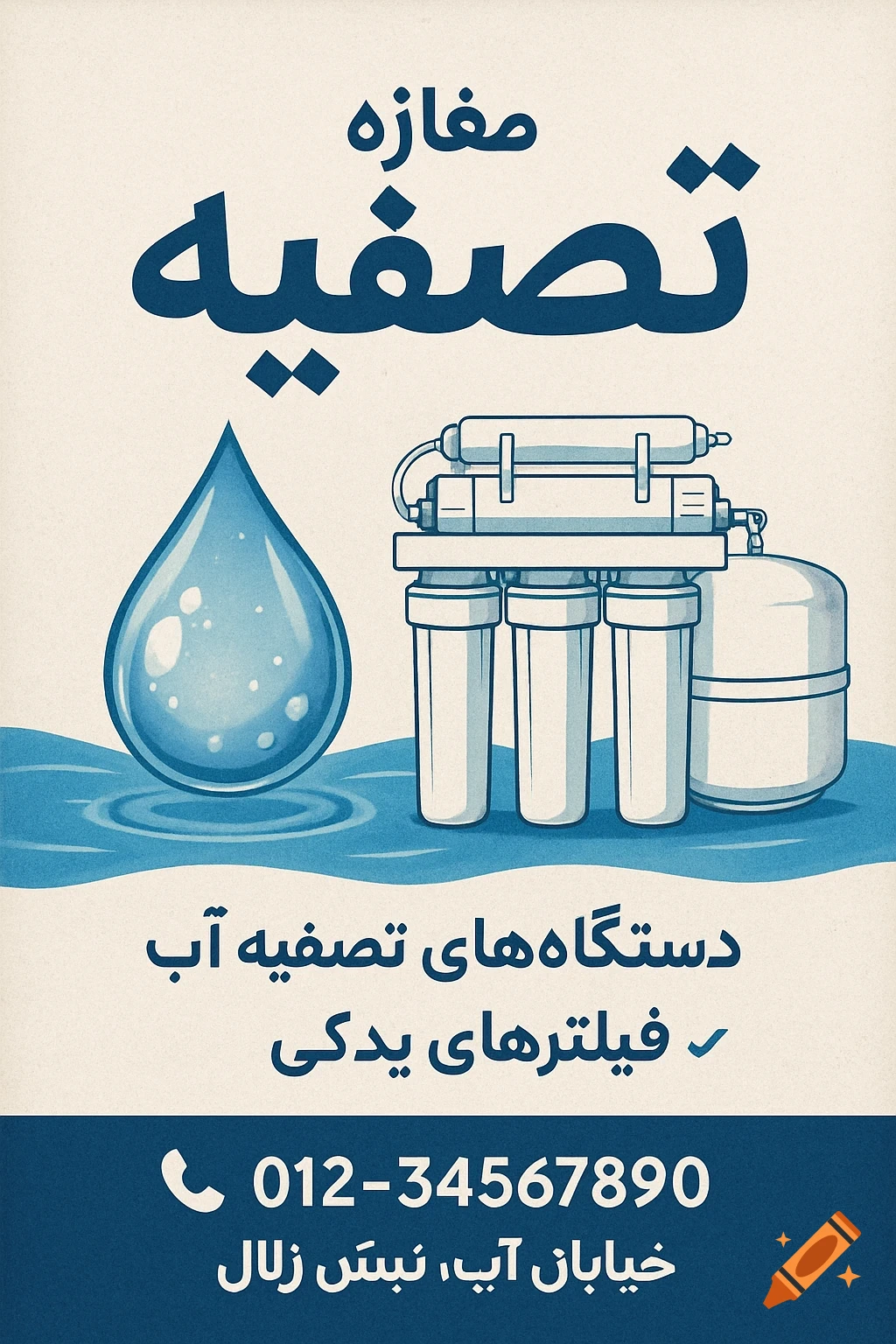 Illustrated poster for a water treatment shop with Persian text, showing a water drop and a filter system.
