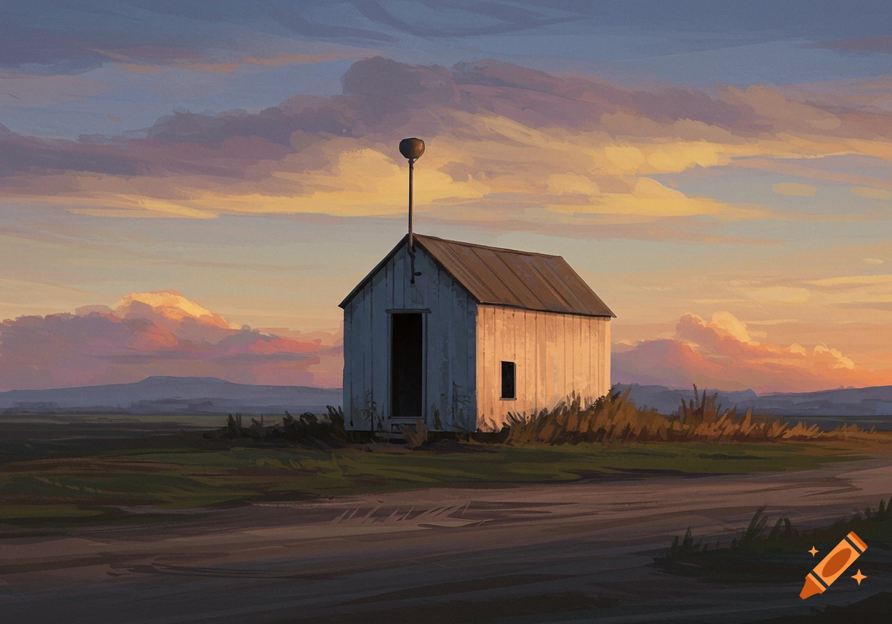 A white building stands in a grassy field at sunset.