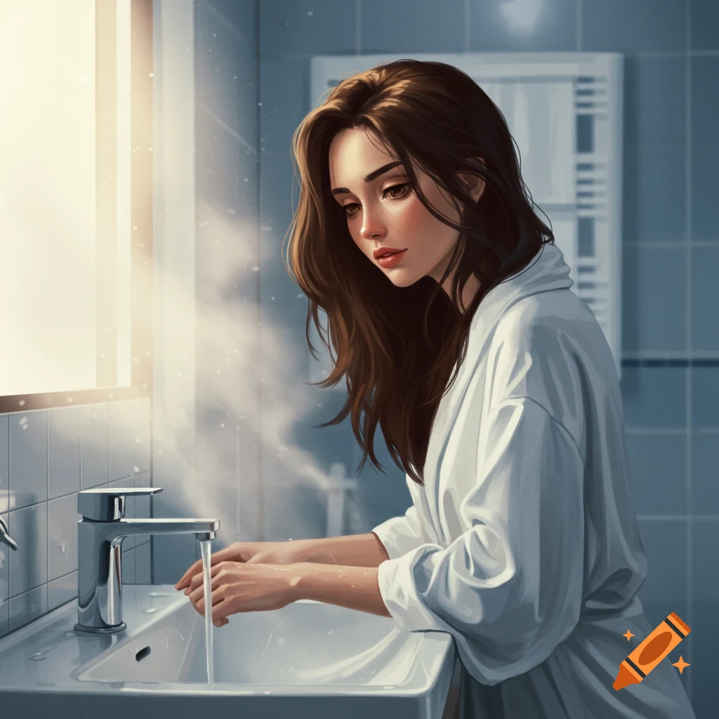 A woman in a white bathrobe washing her hands in a bathroom sink, digital art style.