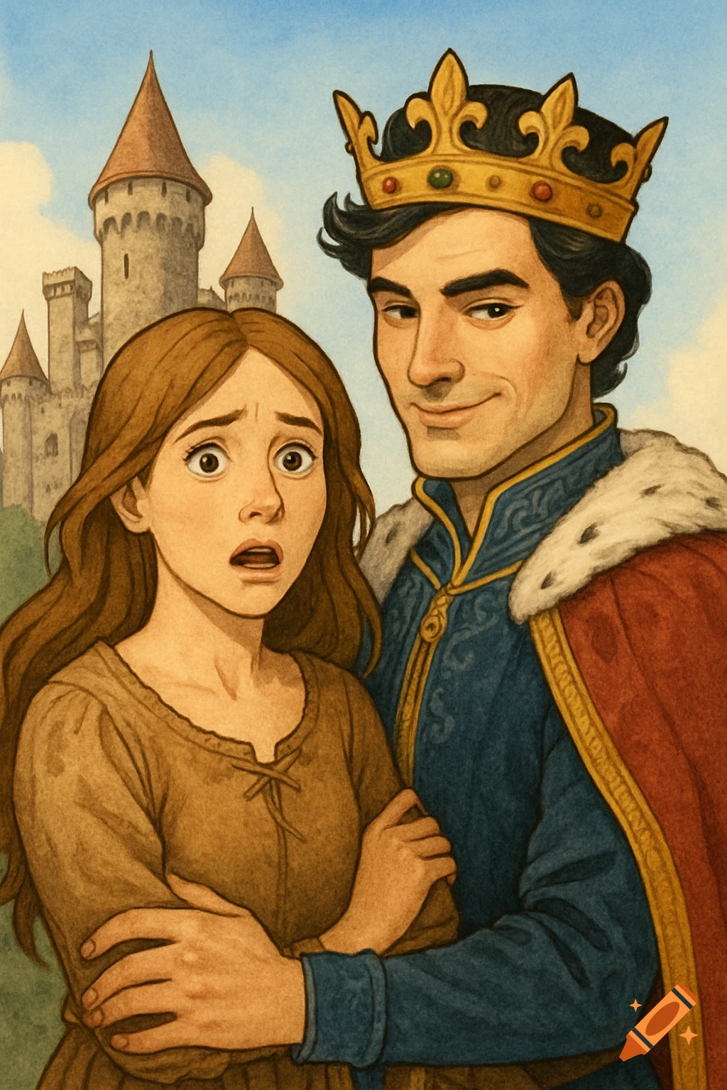 Illustration of a scared woman and a smirking man in royal clothes standing in front of a castle.