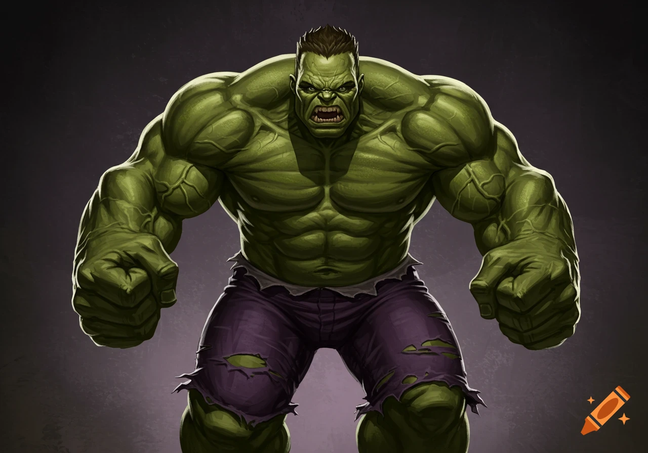 A muscular green Hulk in torn purple shorts stares forward angrily.